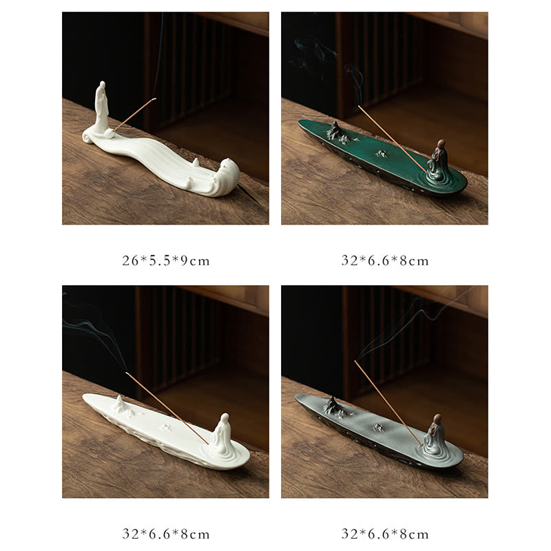 Buddha Monk Sea Wave Mountain Ceramic Incense Burner – Four color variants white green gray black with monk figures and smoke, ceramic incense set