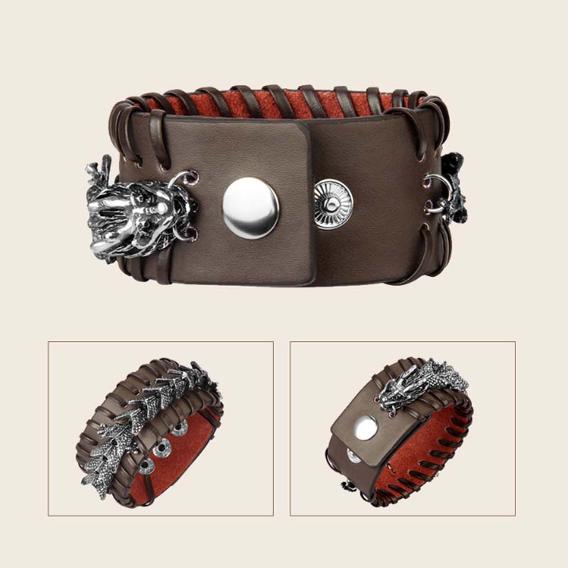 Dragon Leather Weave Protection Bracelet – three-view composite of dragon head and woven lacing detail, crafted