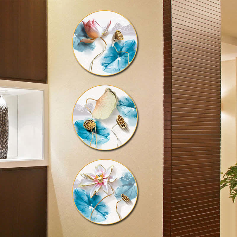 Lotus Wall Art – Vertical triptych against dark wood slatted wall with white niche, pink lotus blooms, zen interior