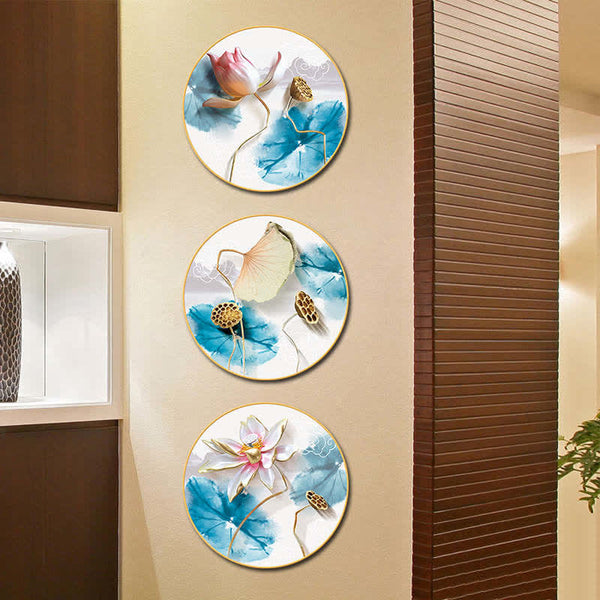 Lotus Wall Art – Vertical triptych against dark wood slatted wall with white niche, pink lotus blooms, zen interior