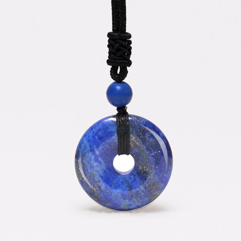 Lucky Coin Pendant Healing Crystal Gemstone Necklace – Royal blue lapis lazuli pi disc with natural pyrite inclusions on black cord