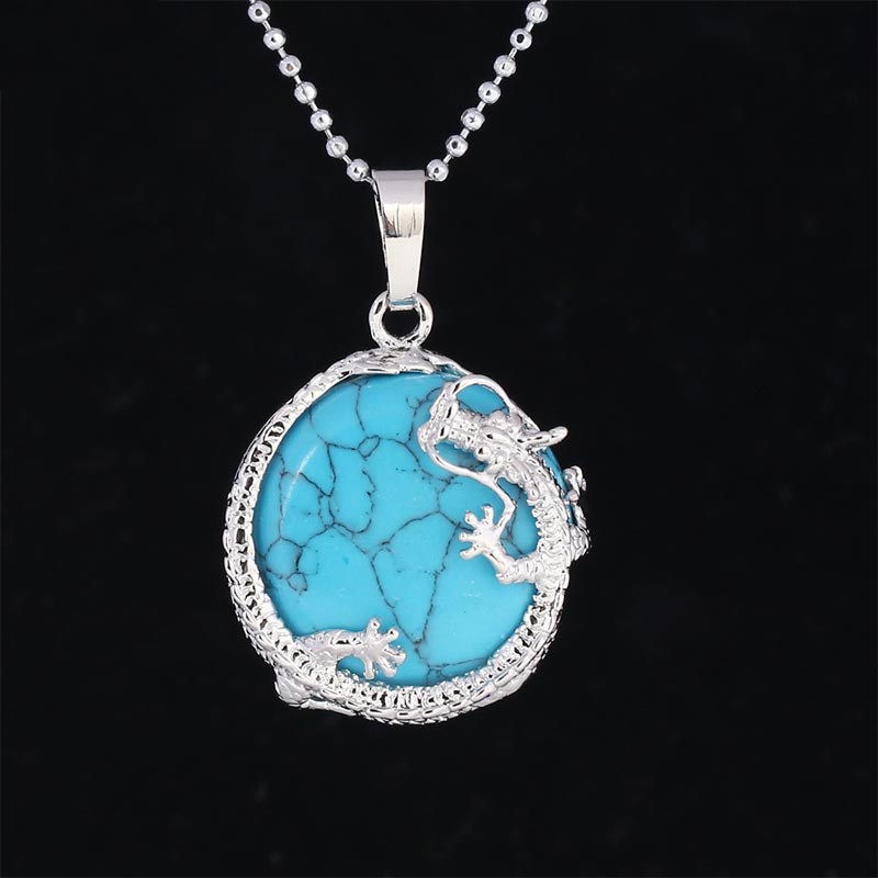 Dragon Multi-Stone Crystal Healing Pendant – Turquoise dragon with dark matrix veining, protective