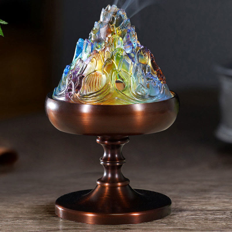 Crystal Mountain Incense Burner – colorful glass mountain with smoke on bronze base, crystal incense holder