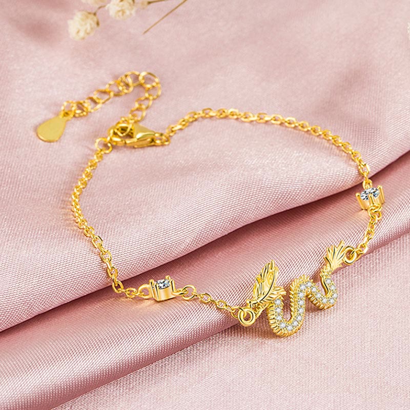 925 Silver Dragon Bracelet - Gold chain dragon on blush satin with dried flowers, feminine luxury