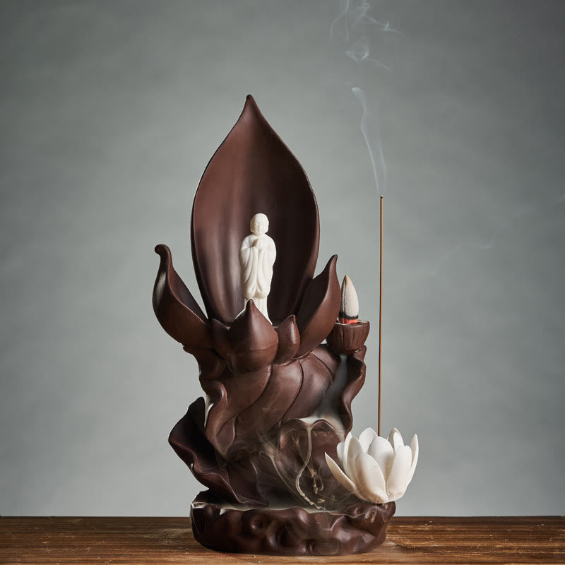 Lotus Buddha Avalokitesvara Purple Clay Incense Burner – on wooden tray with stones, minimalist zen styling