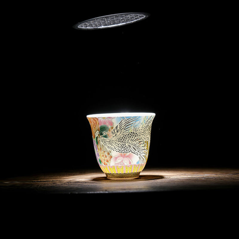 Dragon Phoenix Ceramic Teacup - Gold-outlined phoenix on pastel floral ground with spotlight, Museum quality