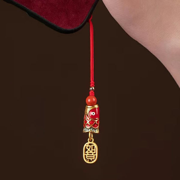 Koi Fish Cinnabar Ruyi Phone Charm – red cinnabar koi alongside ruyi charm on gold chain, wealth wish phone decor