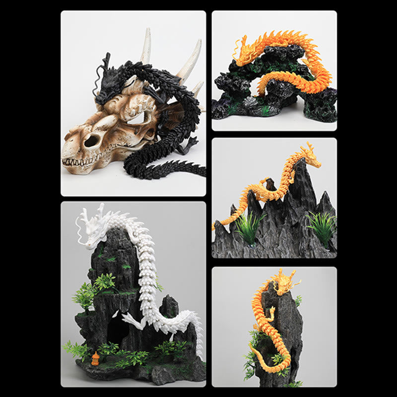 Feng Shui 3D Dragon - Multi-panel showcase of black orange and white dragons on skulls and rocks, success
