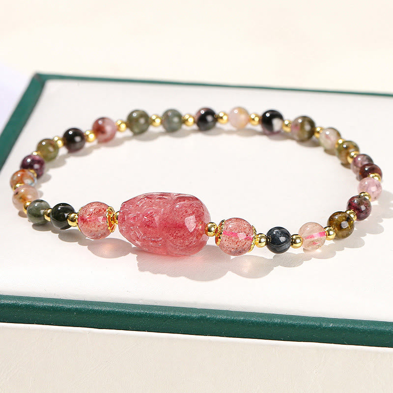 Moonstone Strawberry Quartz Tourmaline Bracelet – Tourmaline multicolor beads with strawberry quartz PiXiu in green box, wisdom