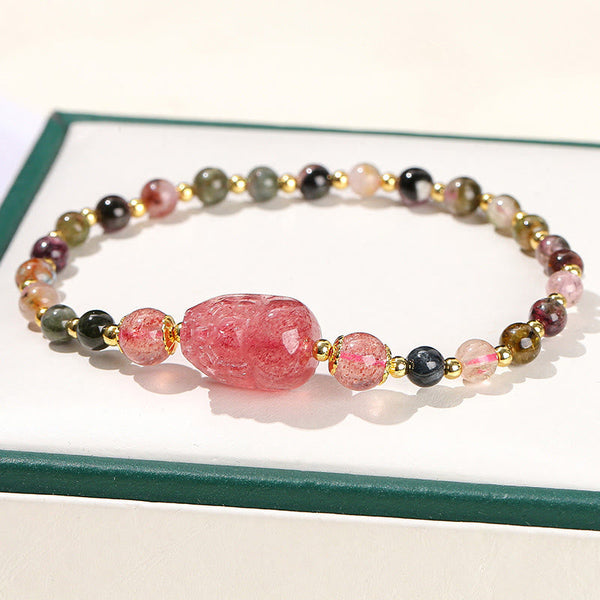 Moonstone Strawberry Quartz Tourmaline Bracelet – Tourmaline multicolor beads with strawberry quartz PiXiu in green box, wisdom
