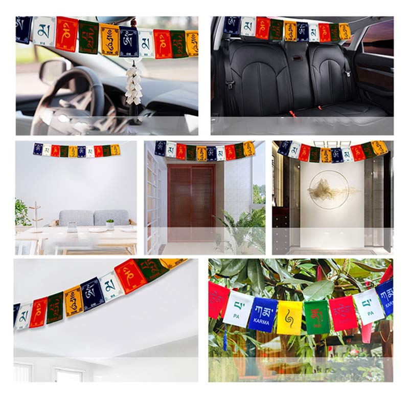 Tibetan Prayer Flags – Seven-panel collage showing flags in cars, rooms, doorways and garden, multi-use decor