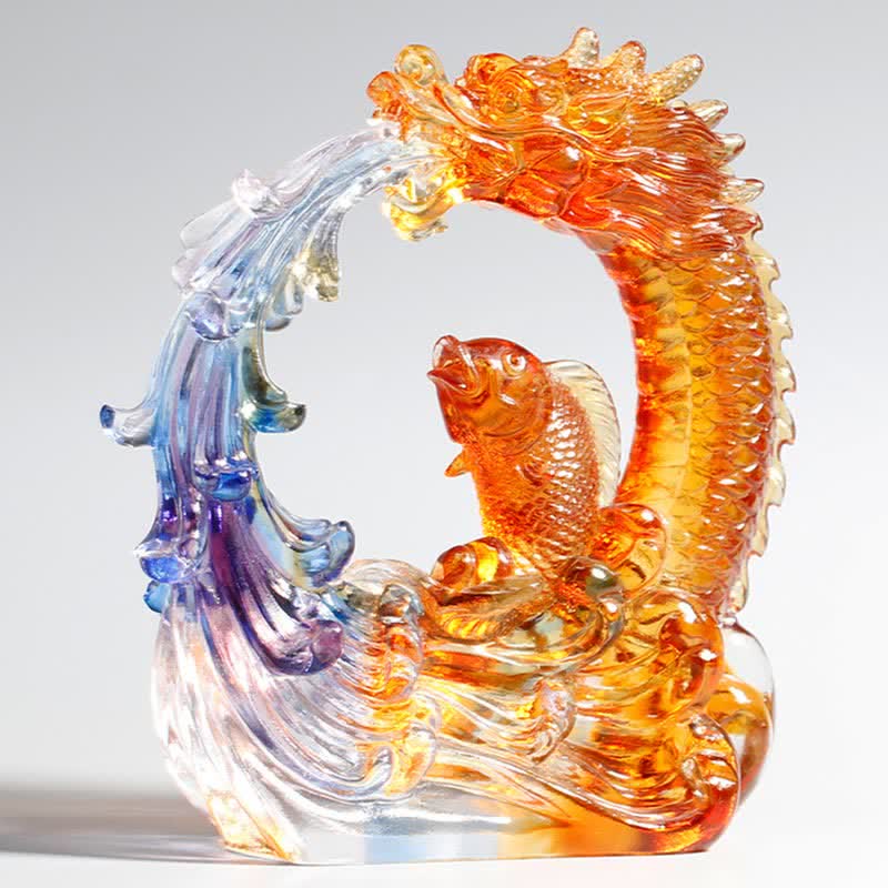 Dragon Koi Liuli Crystal Art – Close-up dragon head detail, handmade liuli glass art