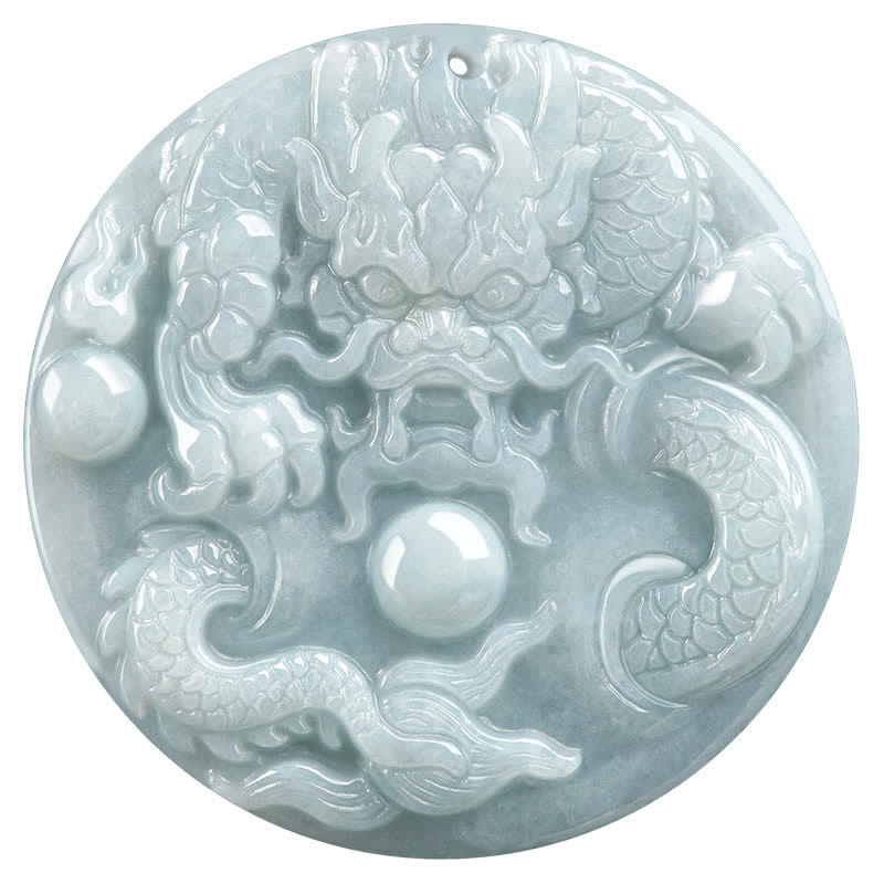 Chinese Zodiac Dragon Jade Amulet Necklace - isolated dragon pendant on white, symmetrical front carving
