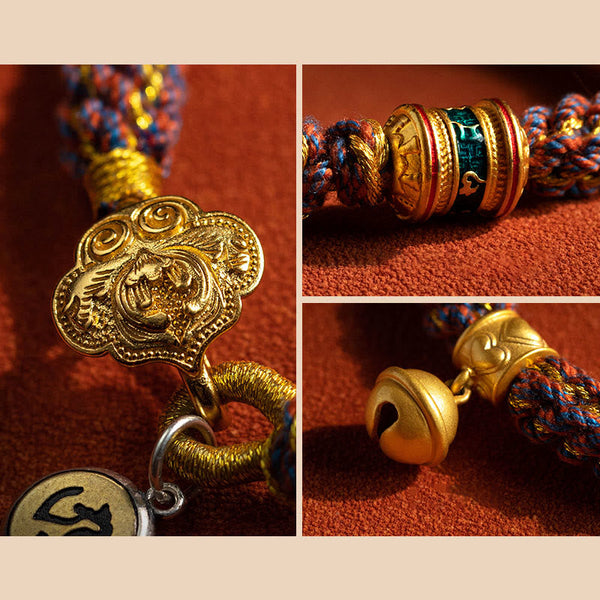 Om Mani Padme Hum Braided Bracelet – Detail panel of ruyi medallion, enamel barrel bead, and gold bell components