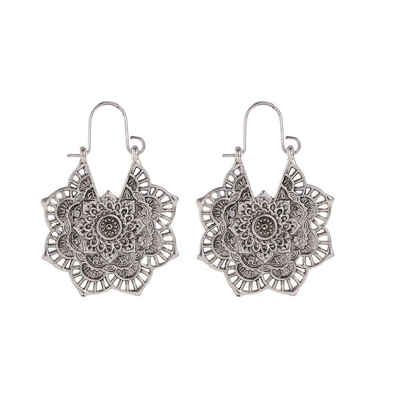 Tibetan Copper Lotus Engraving Drop Earrings – Pair of oxidized copper mandala earrings with layered floral openwork design and shepherd's hook closures on white background