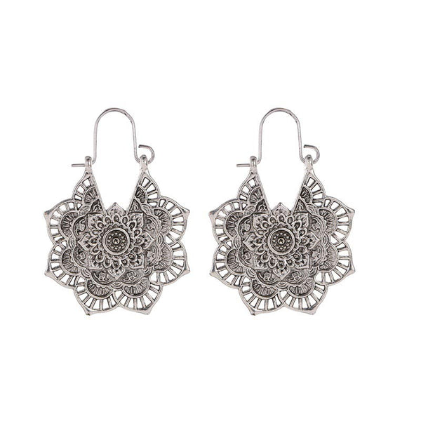 Tibetan Copper Lotus Engraving Drop Earrings – Pair of oxidized copper mandala earrings with layered floral openwork design and shepherd's hook closures on white background