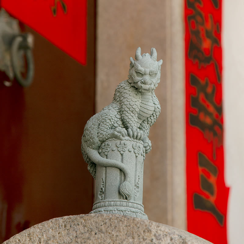 Feng Shui Dragon Sandstone Statue single qilin on pedestal at wooden door with red couplets, powerful, lucky