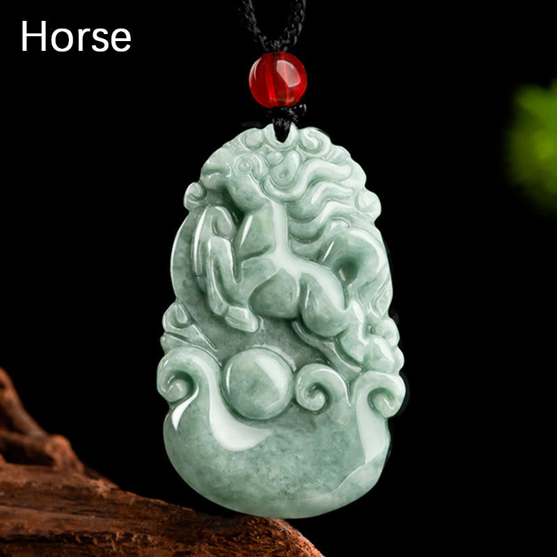 Green Jade Zodiac Necklace - Rearing horse pendant with flame motifs and red bead, success energy