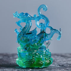 Four Symbols Liuli Crystal Art - Azure Dragon on coin and lotus base, blue-green gradient, protective