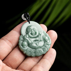 Laughing Buddha Natural Jade Abundance Necklace – Deep emerald jade beads with central abundance deity, rich green tones