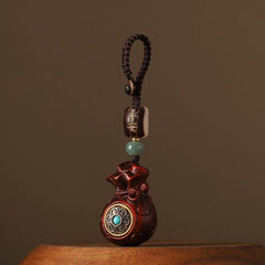 Sandalwood Money Bag Mantra Hanging - Red wood fortune bag with turquoise inlay, lucky charm
