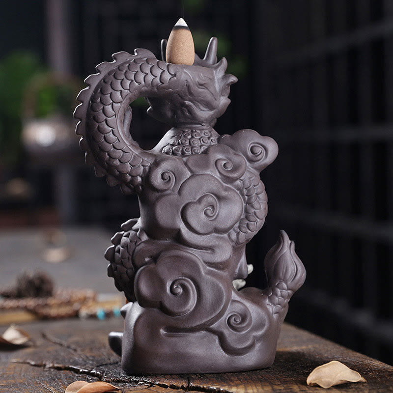 Dragon Buddha Clay Burner - Back view showing intricate clay texture, handmade purple clay