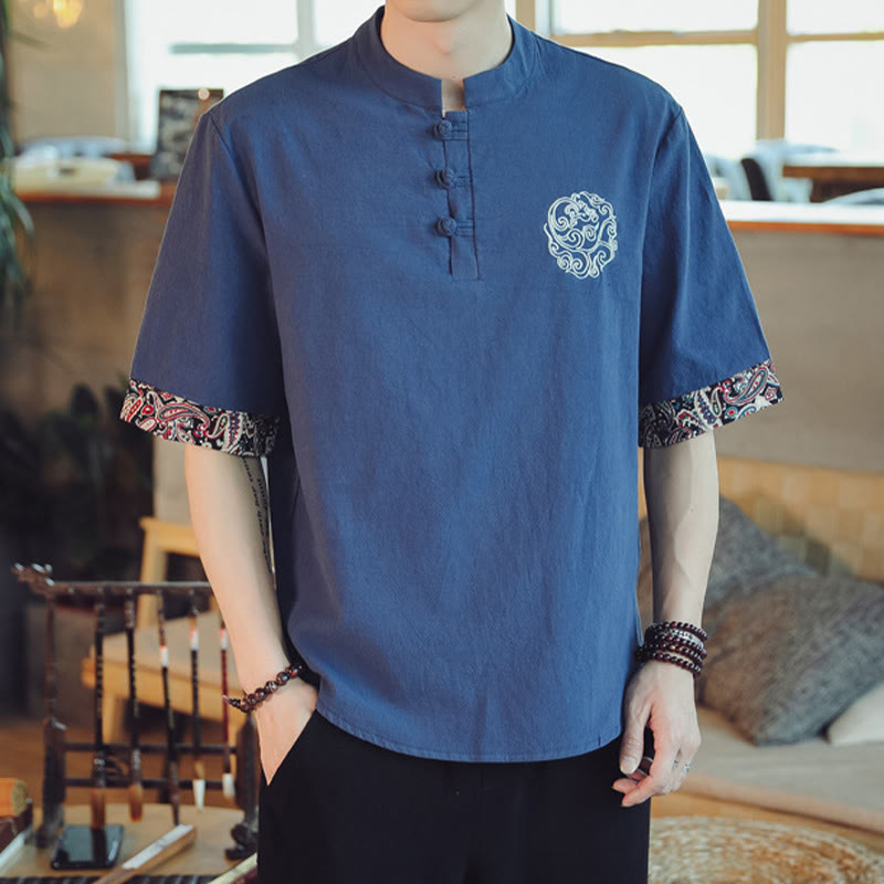 Dragon Embroidery Frog-Button Linen Tang Suit Shirt - Navy with white chest medallion, stately