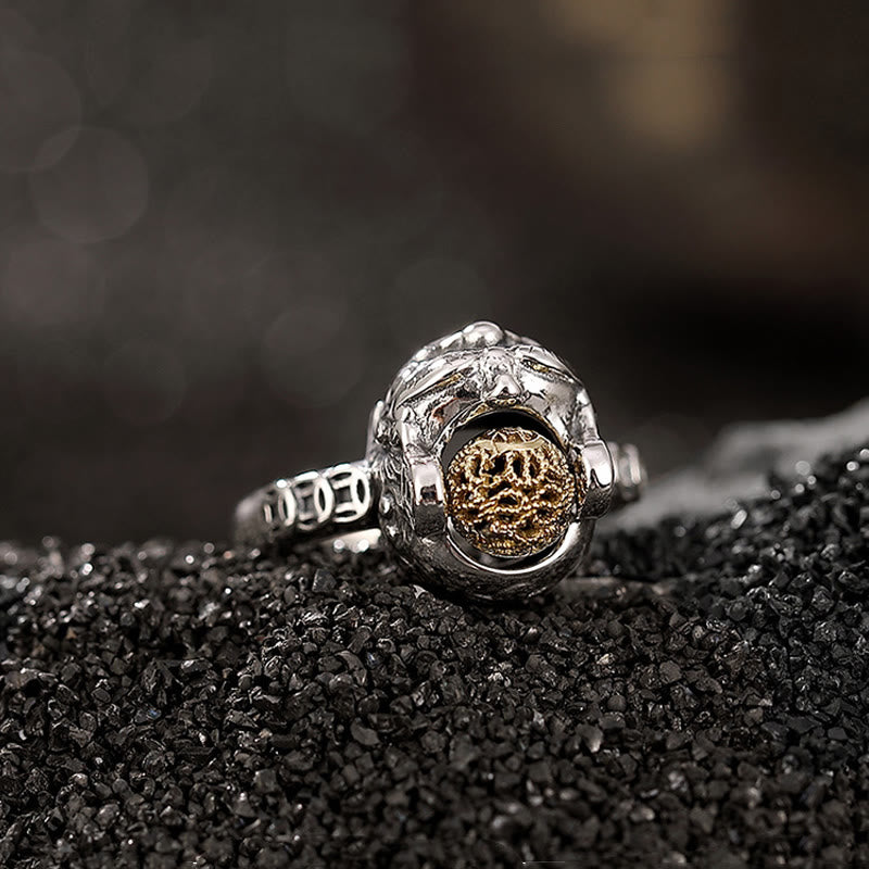 925 Silver PiXiu Wealth Ring – Silver ring with gold coin medallion and cutout band on black sand