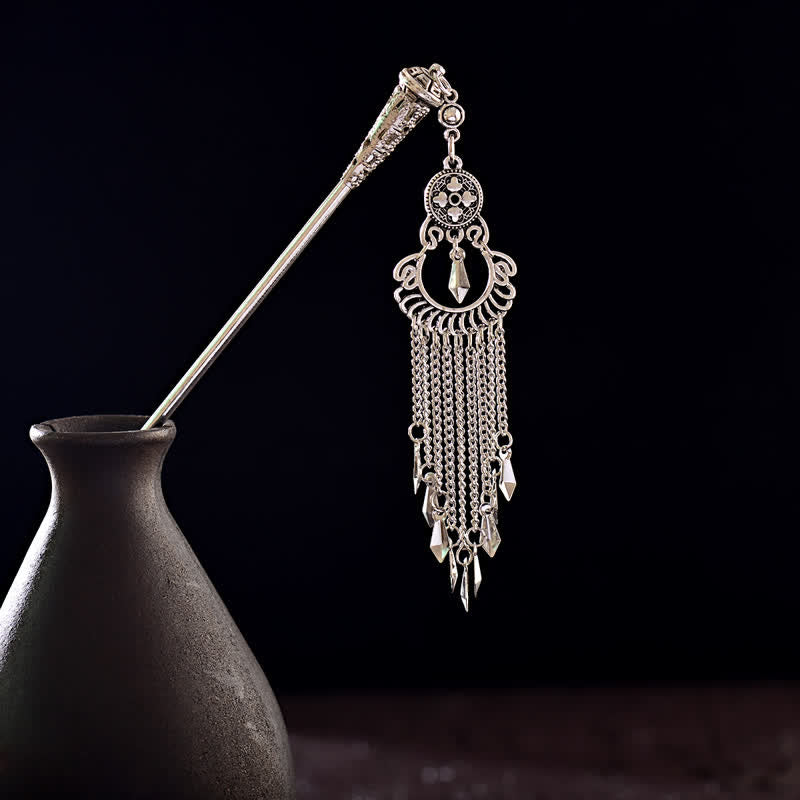 Water Drop round filigree with crystal drop and chain tassels