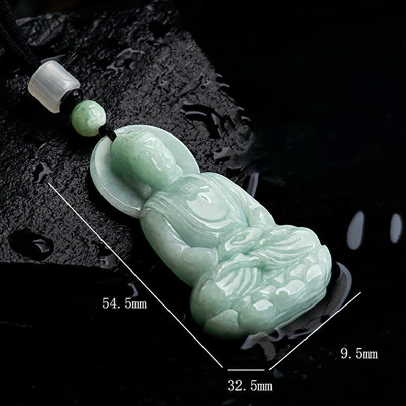 Amitabha Buddha Jade String Necklace - Guanyin variant pendant with dimension markers on wet stone