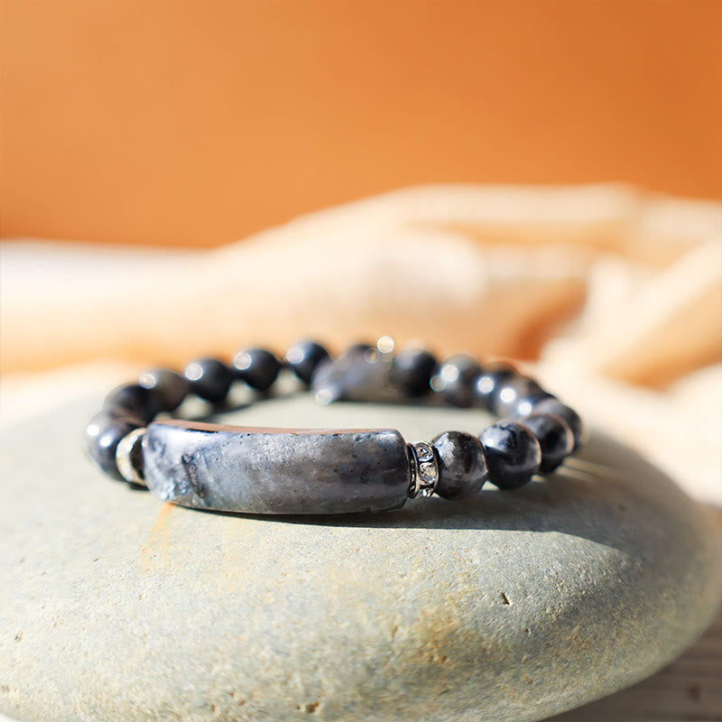 Natural Multi-Stone Love Heart Healing Bracelet - Black stone bracelet with mottled gray-black beads, curved gray agate bar centerpiece, and crystal-set silver spacers