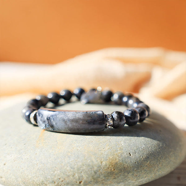 Natural Multi-Stone Love Heart Healing Bracelet - Black stone bracelet with mottled gray-black beads, curved gray agate bar centerpiece, and crystal-set silver spacers