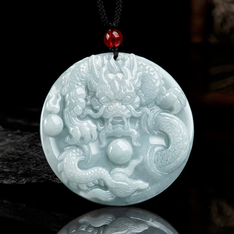 Chinese Zodiac Dragon Jade Amulet Necklace - dragon chasing pearl on pale jade with red bead, success amulet