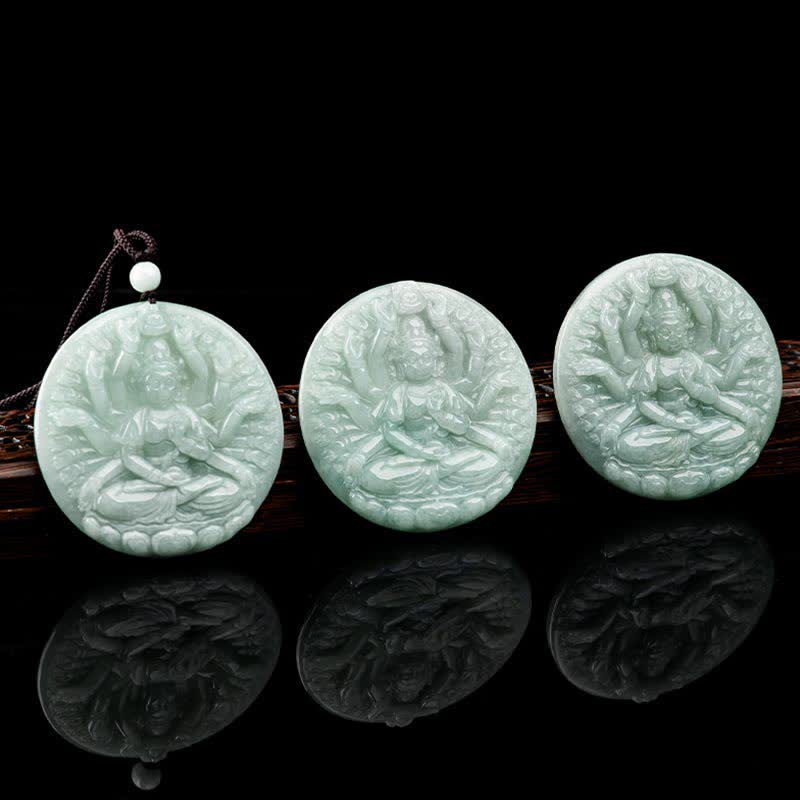 Thousand-Hand Kwan Yin Jade Necklace – beside gold ingot prop, wealth symbolism arrangement decor