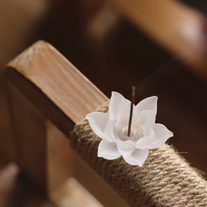 Lotus Liuli Incense Burner – resting on jute rope over wood, Grounding