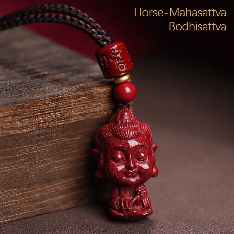 Chinese Zodiac Cinnabar Pendant – Horse zodiac Mahasattva Bodhisattva on wooden prop, Buddhist necklace