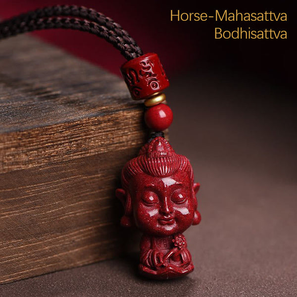 Chinese Zodiac Cinnabar Pendant – Horse zodiac Mahasattva Bodhisattva on wooden prop, Buddhist necklace