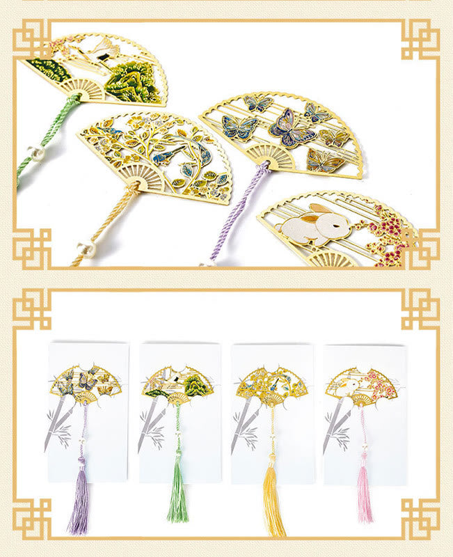 Brass Hollow Fan Bookmark - Set of four nature designs with colored tassels and packaging, collectible