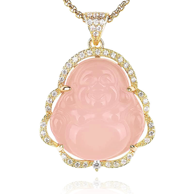 Jade Laughing Buddha Luck Necklace – pink crystal laughing Buddha in gold diamond halo with gold chain, front-view love
