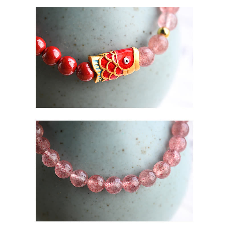 Strawberry Quartz Koi Bracelet – single koi bead isolated on white showing carving precision