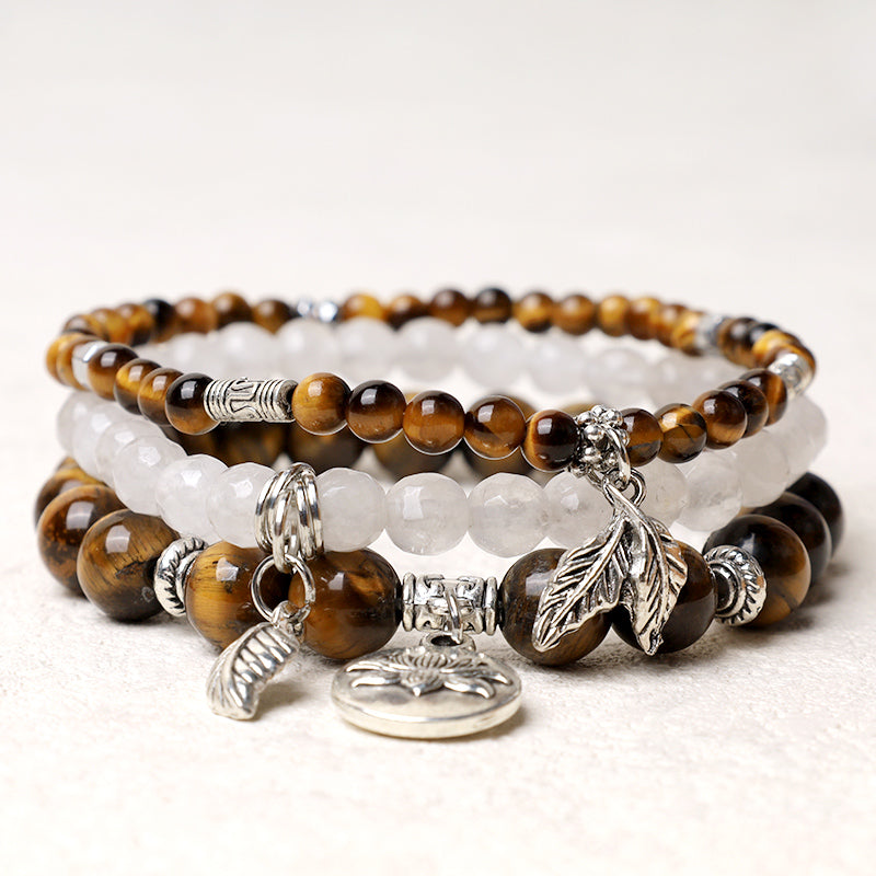 Lotus Bracelet Set – golden tiger's eye and clear quartz beads with silver leaf charms, gemstone bracelet