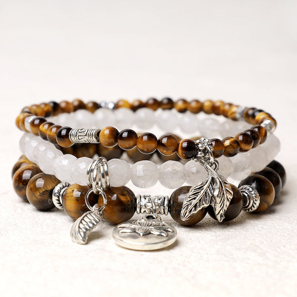 Lotus Bracelet Set – golden tiger's eye and clear quartz beads with silver leaf charms, gemstone bracelet