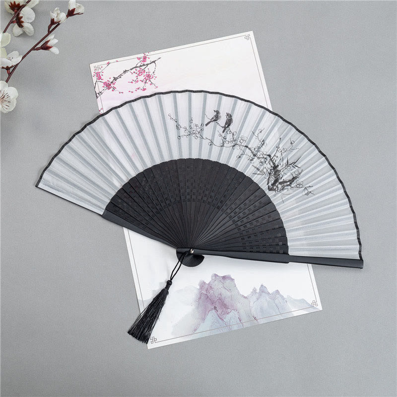 Bamboo Painting Fan – Black folding fan with ink wash bamboo stalks and leaves, Chinese hand fan