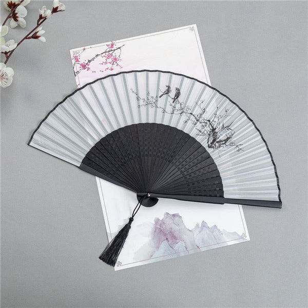 Bamboo Painting Fan – Black folding fan with ink wash bamboo stalks and leaves, Chinese hand fan