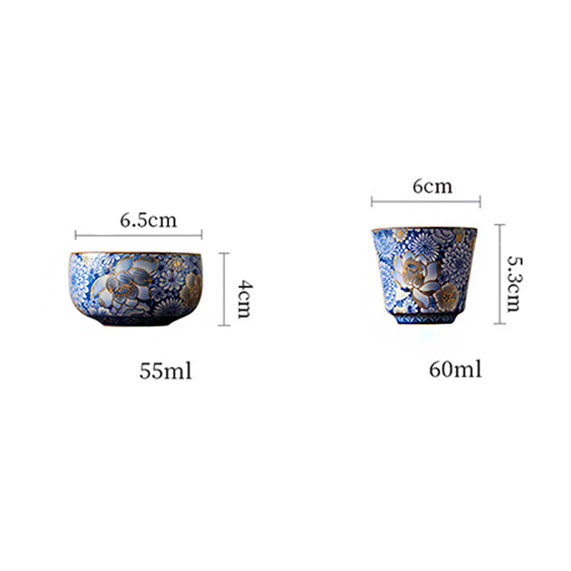 Lotus Chrysanthemum Ceramic Tea Cup - Two size variants with gold lotus and capacity labels, selection