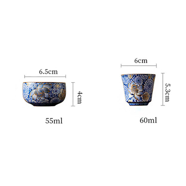 Lotus Chrysanthemum Ceramic Tea Cup - Two size variants with gold lotus and capacity labels, selection