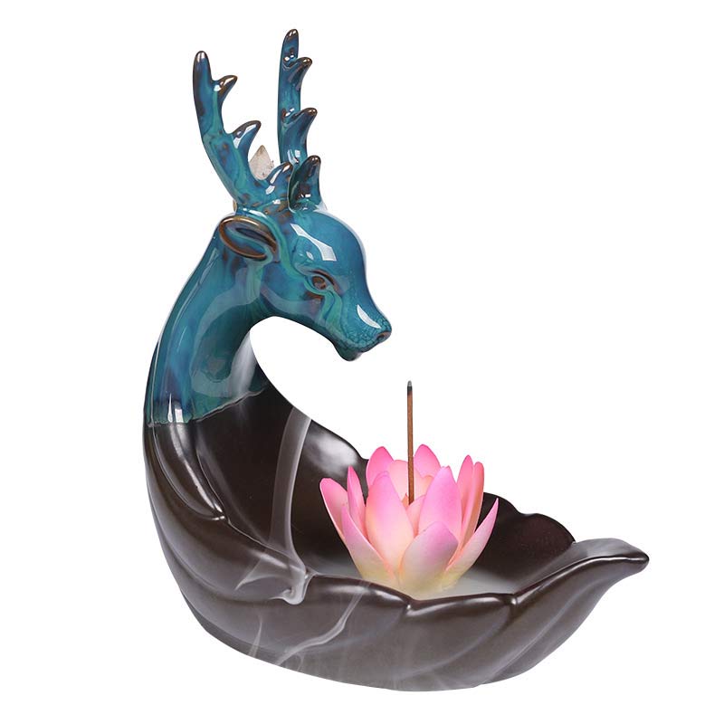 Little Deer Ceramic Lotus Incense Burner – Studio teal deer with lotus and incense, clean white background