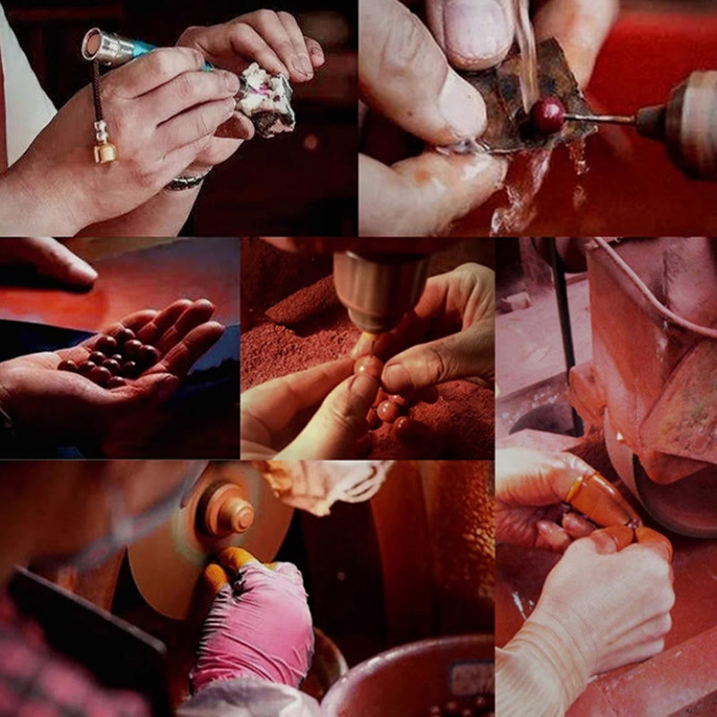 Cinnabar Dragon Pendant – Artisan bead crafting process showing hand-carving and polishing, Handcrafted