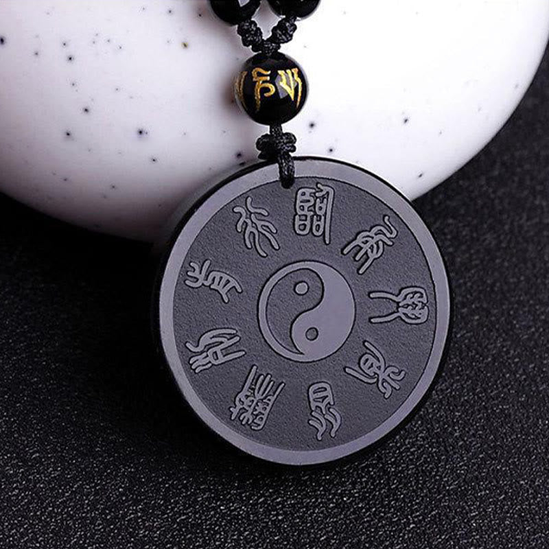 Black Obsidian Bagua Key Chain – Bagua Trigrams pendant on black cord, healing protection amulet