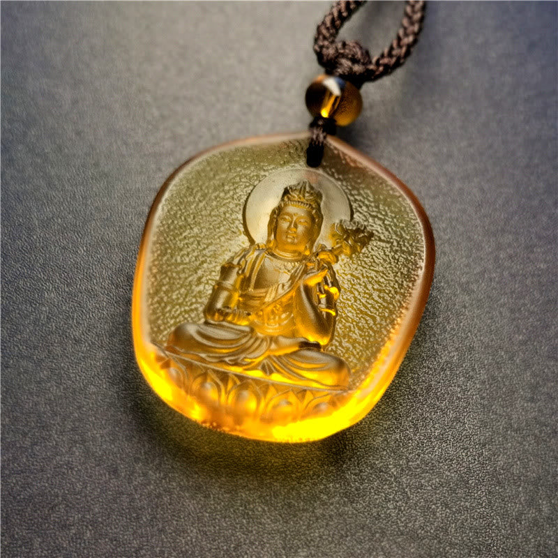 Chinese Zodiac Natal Buddha Liuli Pendant - crowned bodhisattva holding lotus flower, amber glow, Peaceful